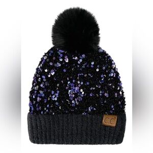Sequin Pom-Pom Beanie - Pink, Black, White